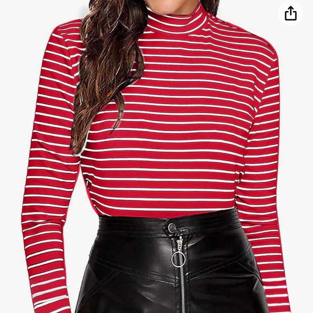 LilyCoco Women's Mock Neck Tops Red White Striped Long Sleeve Shirt, L